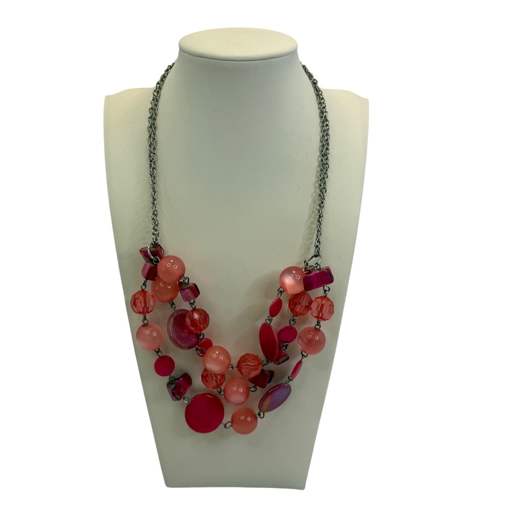 Pink Red Multi Strand Beaded Statement Necklace Silver‎ Tone Festival Boho Y2K